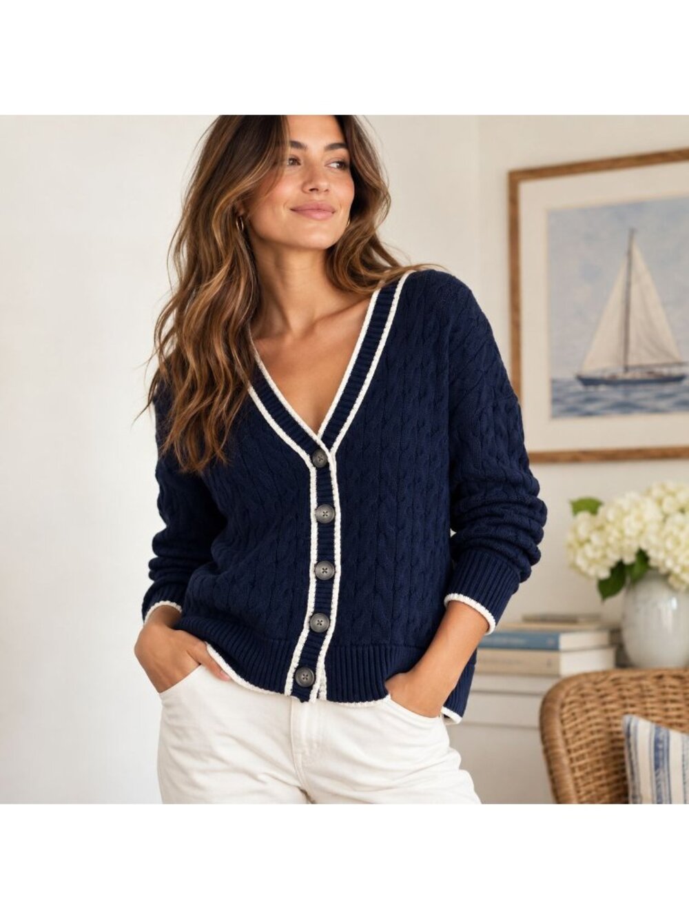 Preppy Nautical Cable Knit Women S Cardigan Cotton Navy Coastal Cricket Varsity